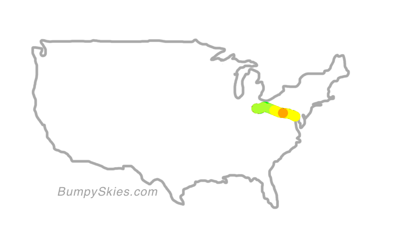 Map of continental US with illustrated flight path and turbulence forecast (described in text below)