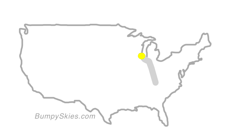 Map of continental US with illustrated flight path and turbulence forecast (described in text below)
