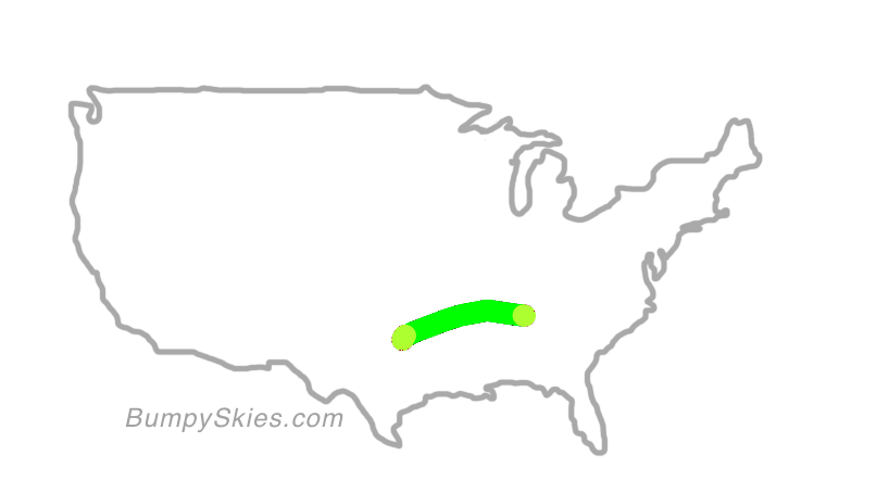 Map of continental US with illustrated flight path and turbulence forecast (described in text below)