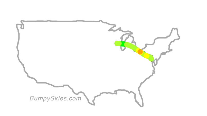 Map of continental US with illustrated flight path and turbulence forecast (described in text below)