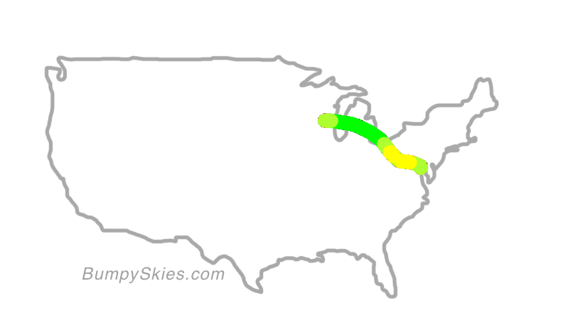 Map of continental US with illustrated flight path and turbulence forecast (described in text below)