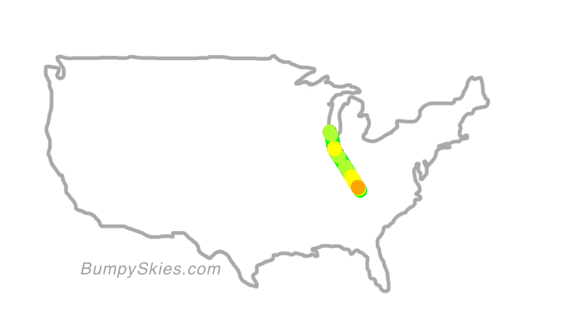 Map of continental US with illustrated flight path and turbulence forecast (described in text below)