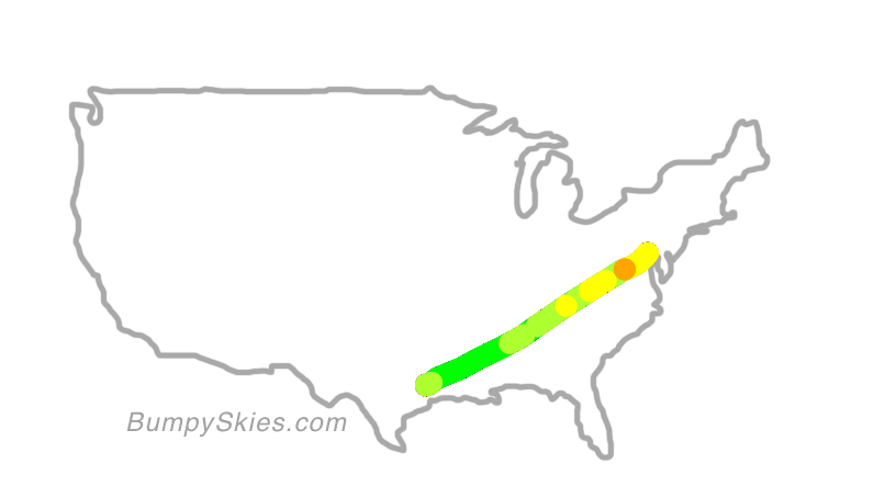 Map of continental US with illustrated flight path and turbulence forecast (described in text below)