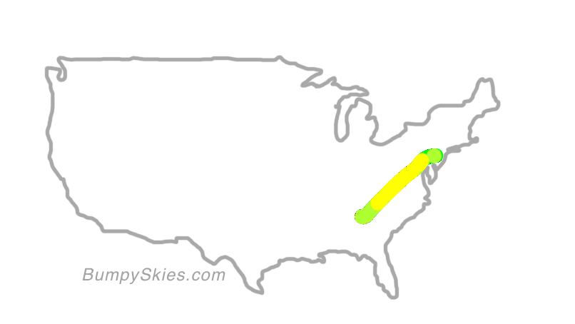 Map of continental US with illustrated flight path and turbulence forecast (described in text below)