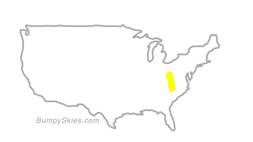 Map of continental US with illustrated flight path and turbulence forecast (described in text below)