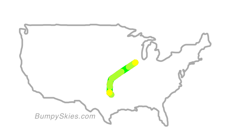 Map of continental US with illustrated flight path and turbulence forecast (described in text below)