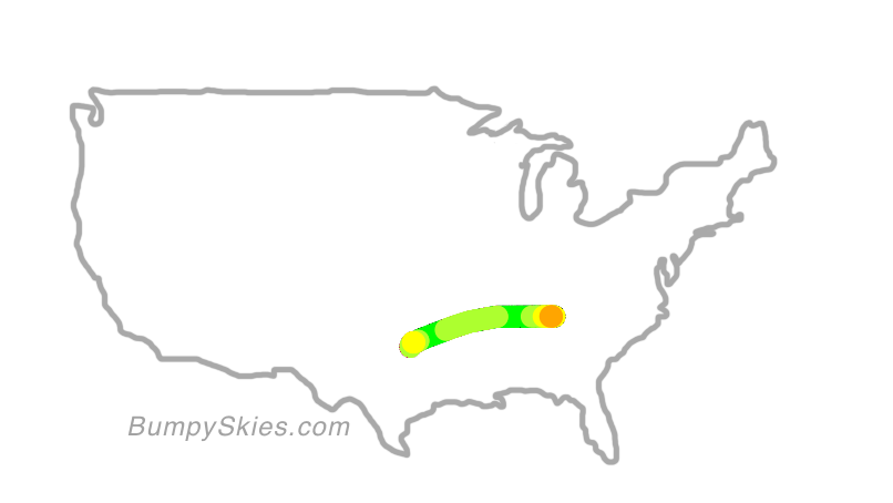 Map of continental US with illustrated flight path and turbulence forecast (described in text below)