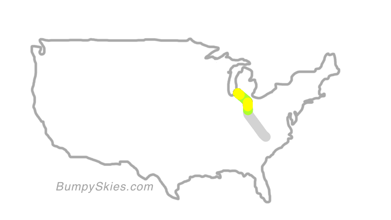 Map of continental US with illustrated flight path and turbulence forecast (described in text below)