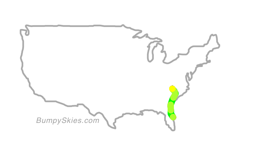 Map of continental US with illustrated flight path and turbulence forecast (described in text below)