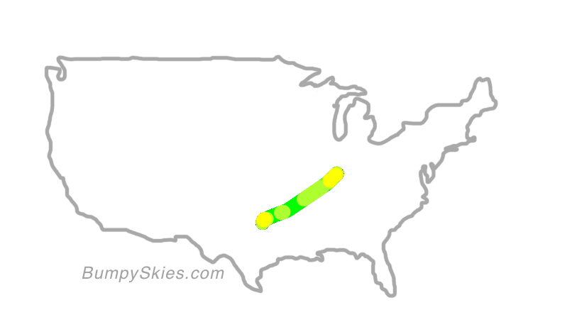 Map of continental US with illustrated flight path and turbulence forecast (described in text below)