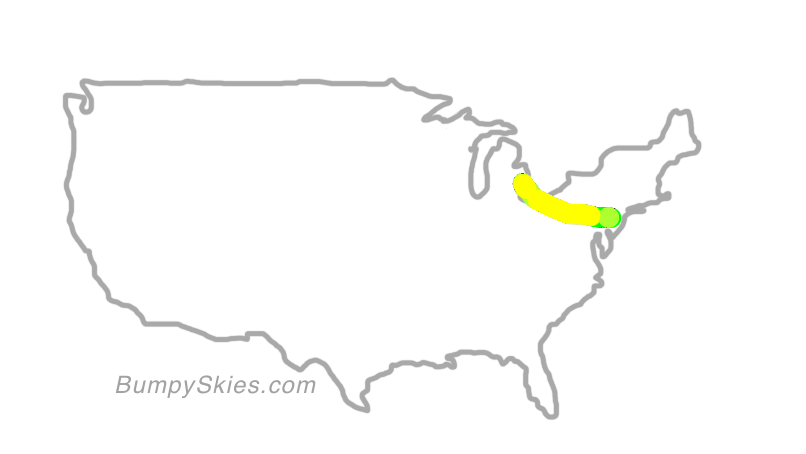 Map of continental US with illustrated flight path and turbulence forecast (described in text below)