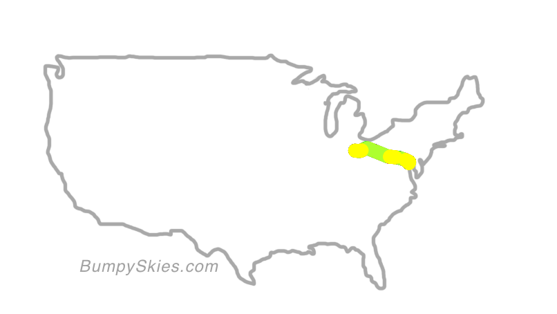 Map of continental US with illustrated flight path and turbulence forecast (described in text below)