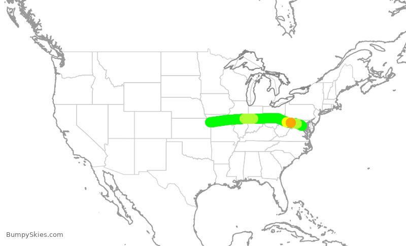 Turbulence forecast map for JIA5268, MCI to DCA