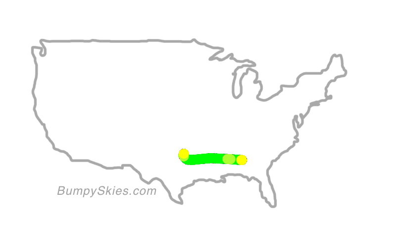 Map of continental US with illustrated flight path and turbulence forecast (described in text below)