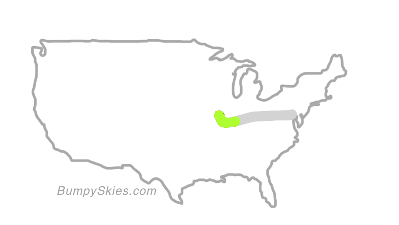 Map of continental US with illustrated flight path and turbulence forecast (described in text below)