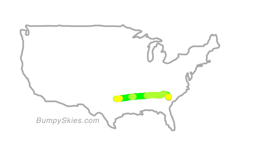 Map of continental US with illustrated flight path and turbulence forecast (described in text below)