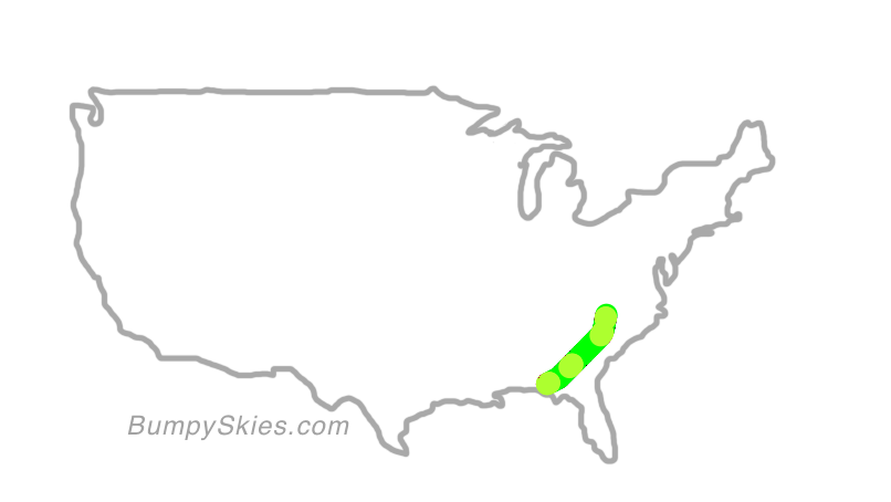 Map of continental US with illustrated flight path and turbulence forecast (described in text below)