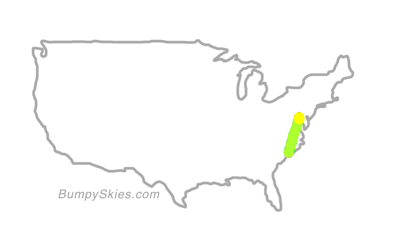 Map of continental US with illustrated flight path and turbulence forecast (described in text below)