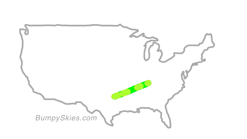 Map of continental US with illustrated flight path and turbulence forecast (described in text below)