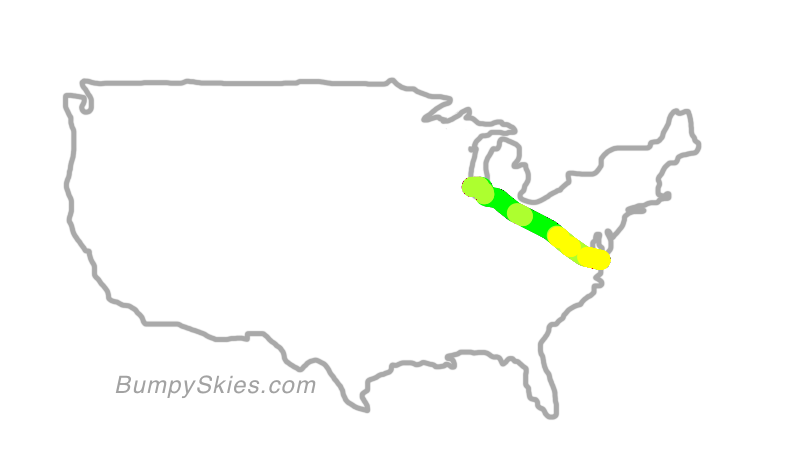 Map of continental US with illustrated flight path and turbulence forecast (described in text below)