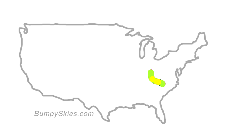 Map of continental US with illustrated flight path and turbulence forecast (described in text below)