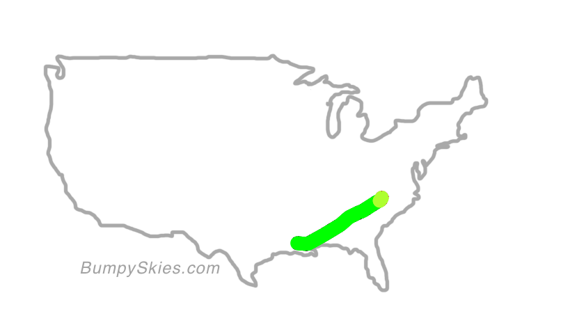 Map of continental US with illustrated flight path and turbulence forecast (described in text below)