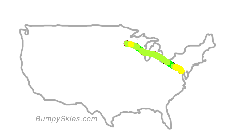 Map of continental US with illustrated flight path and turbulence forecast (described in text below)