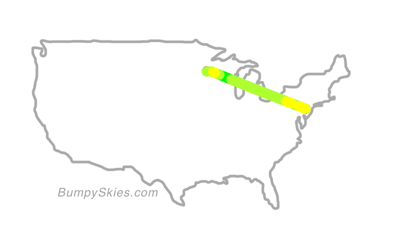 Map of continental US with illustrated flight path and turbulence forecast (described in text below)