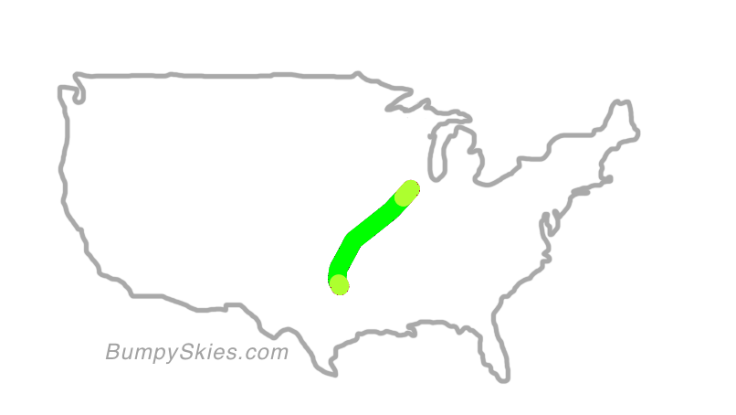 Map of continental US with illustrated flight path and turbulence forecast (described in text below)