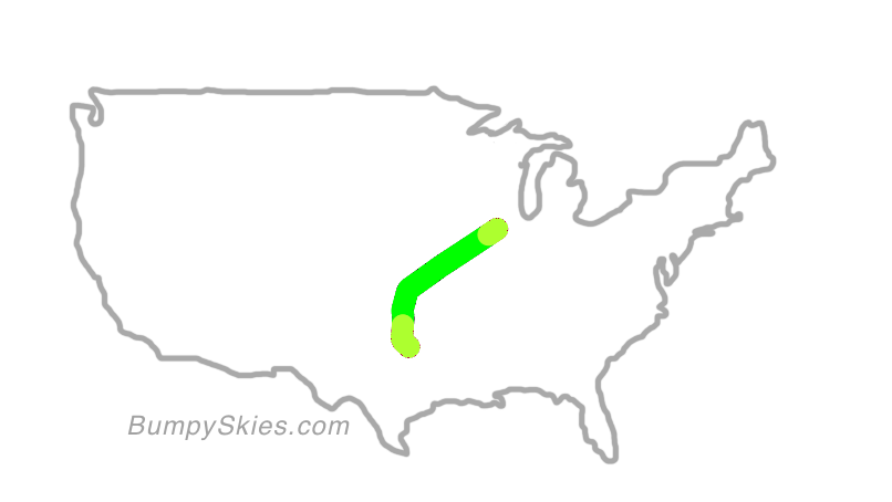 Map of continental US with illustrated flight path and turbulence forecast (described in text below)