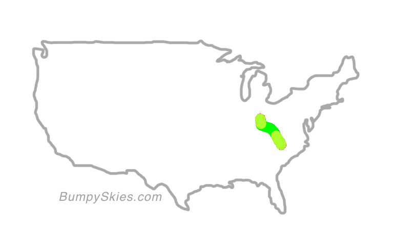 Map of continental US with illustrated flight path and turbulence forecast (described in text below)