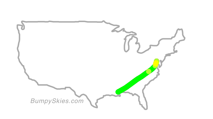 Map of continental US with illustrated flight path and turbulence forecast (described in text below)