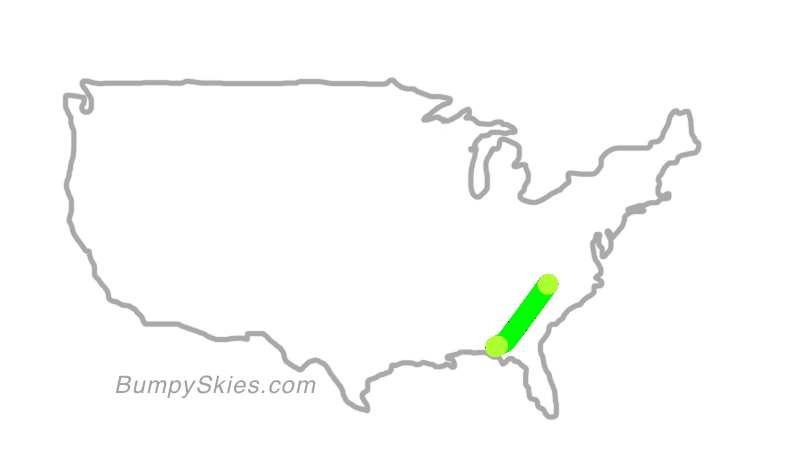 Map of continental US with illustrated flight path and turbulence forecast (described in text below)
