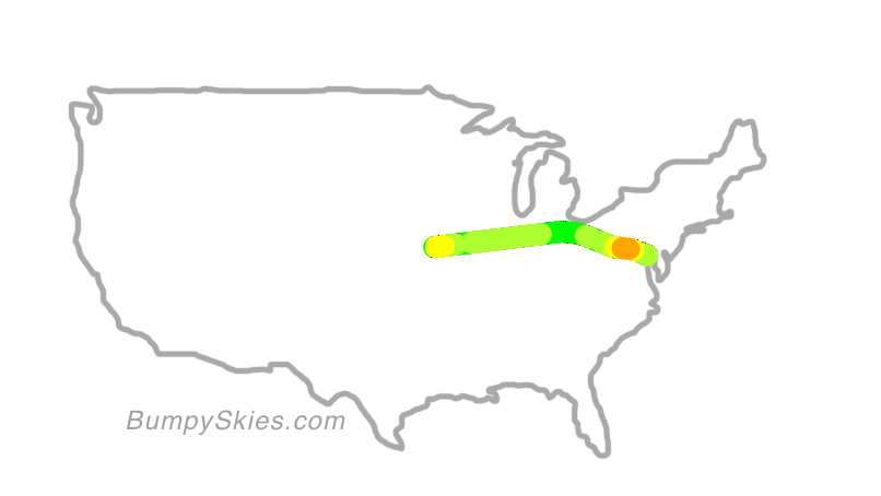 Map of continental US with illustrated flight path and turbulence forecast (described in text below)