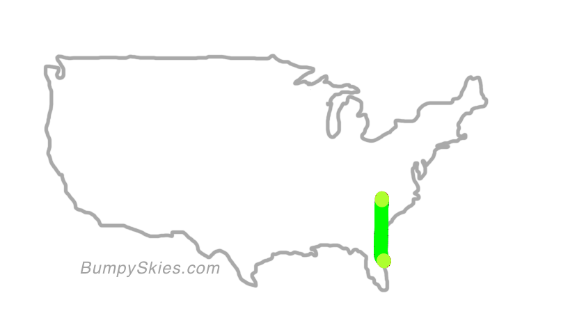 Map of continental US with illustrated flight path and turbulence forecast (described in text below)