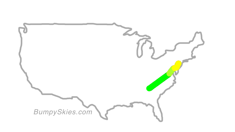 Map of continental US with illustrated flight path and turbulence forecast (described in text below)