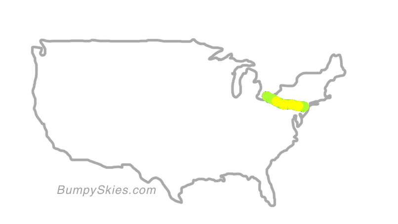 Map of continental US with illustrated flight path and turbulence forecast (described in text below)