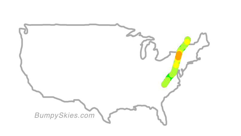 Map of continental US with illustrated flight path and turbulence forecast (described in text below)