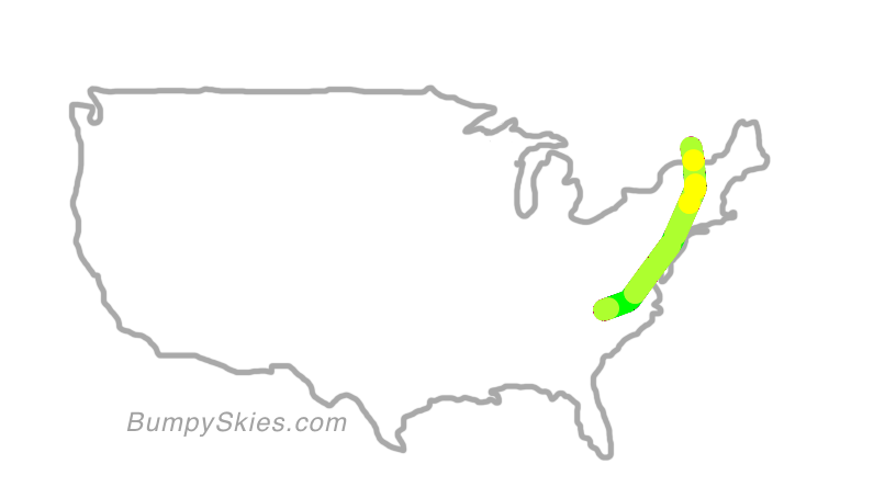 Map of continental US with illustrated flight path and turbulence forecast (described in text below)