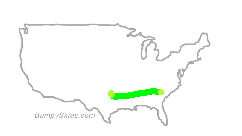 Map of continental US with illustrated flight path and turbulence forecast (described in text below)