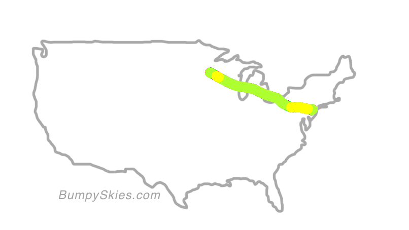 Map of continental US with illustrated flight path and turbulence forecast (described in text below)