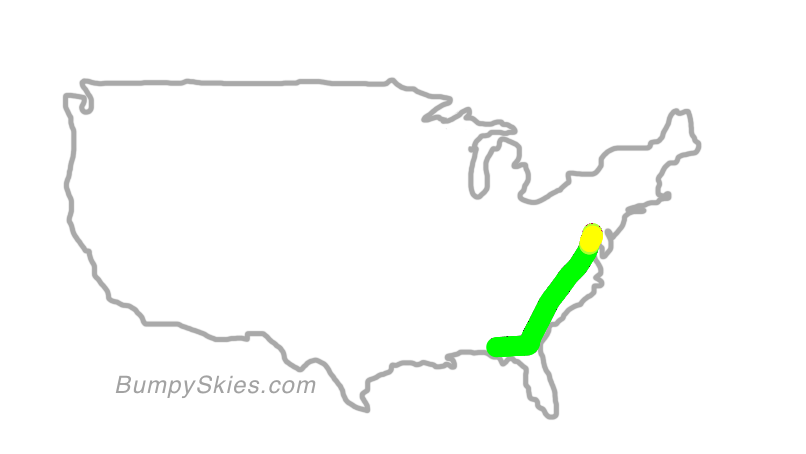 Map of continental US with illustrated flight path and turbulence forecast (described in text below)