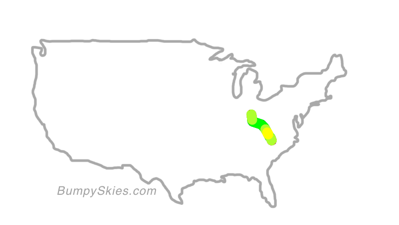 Map of continental US with illustrated flight path and turbulence forecast (described in text below)