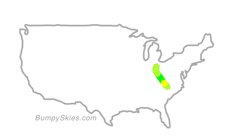 Map of continental US with illustrated flight path and turbulence forecast (described in text below)