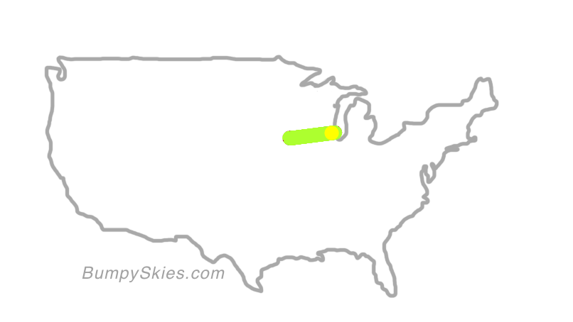 Map of continental US with illustrated flight path and turbulence forecast (described in text below)