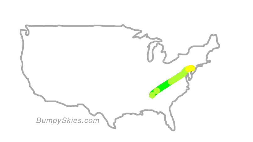 Map of continental US with illustrated flight path and turbulence forecast (described in text below)