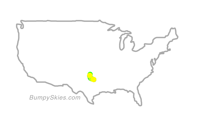 Map of continental US with illustrated flight path and turbulence forecast (described in text below)
