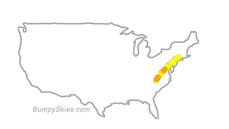 Map of continental US with illustrated flight path and turbulence forecast (described in text below)