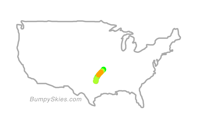 Map of continental US with illustrated flight path and turbulence forecast (described in text below)
