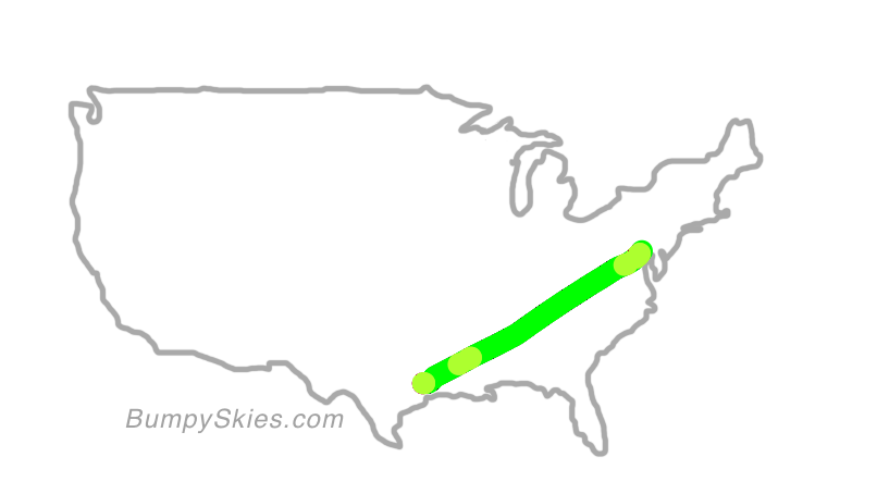 Map of continental US with illustrated flight path and turbulence forecast (described in text below)
